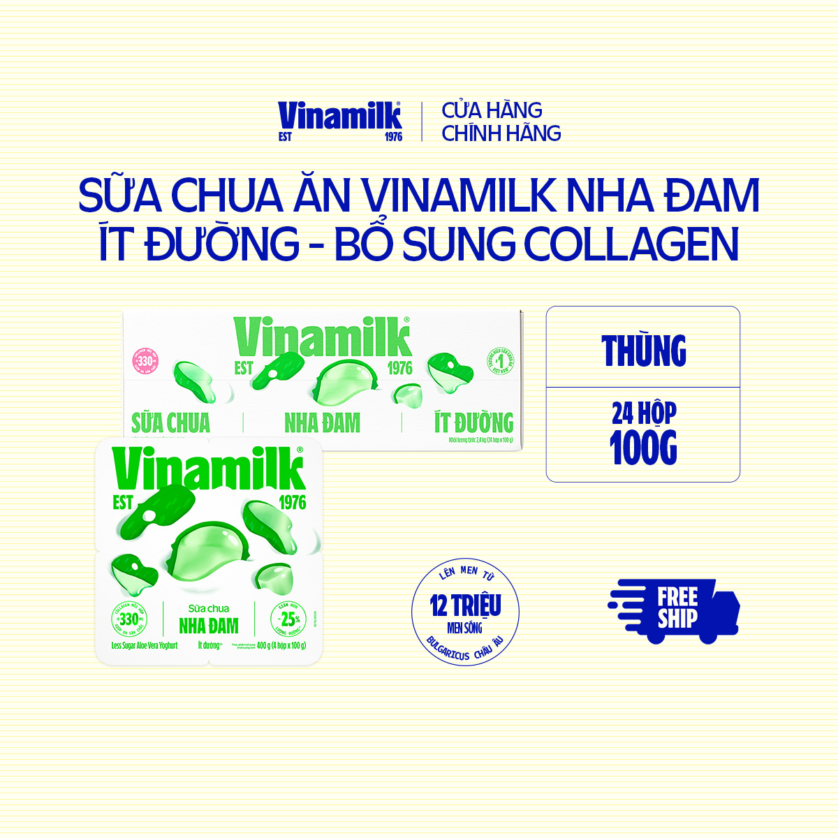 [CHỈ GIAO TRONG BÁN KÍNH 10KM] Sữa chua ăn Vinamilk vị nha đam ít đường - Thùng 24 hộp x 100g
