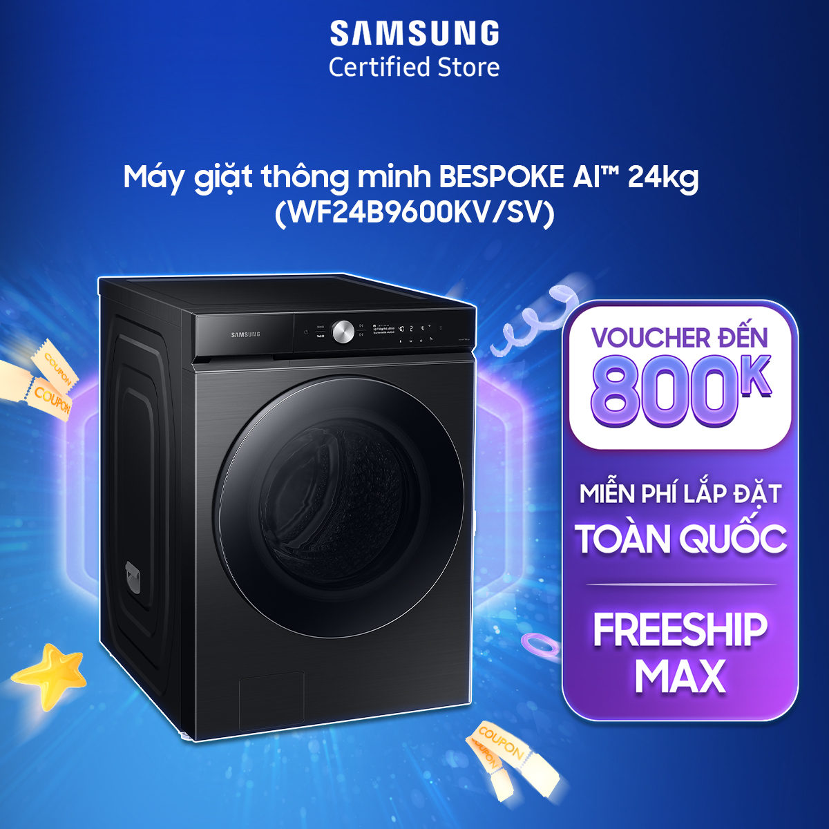 Máy giặt samsung 24 kg wf24b9600kv/sv | tự động phân bổ nước giặt xả | tự động ghi nhớ, đề xuất chế độ giặt thông minh