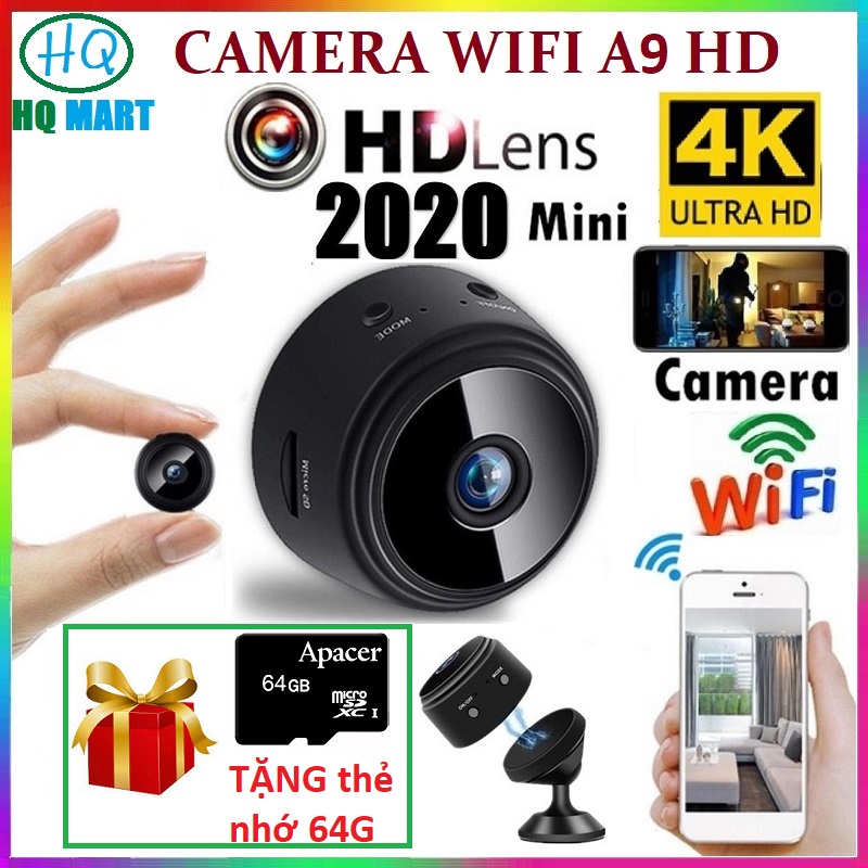 [TẶNG THẺ NHỚ 64G] Camera mini wifi không dây A9 HD, camera an ninh mini kết nối điện thoại, camera 4K siêu nhỏ- Hỗ Trợ Hồng Ngoại Quay Ban Đêm, Quay hình ảnh chuyển động thông minh- Độ phân giải 1080P full HD