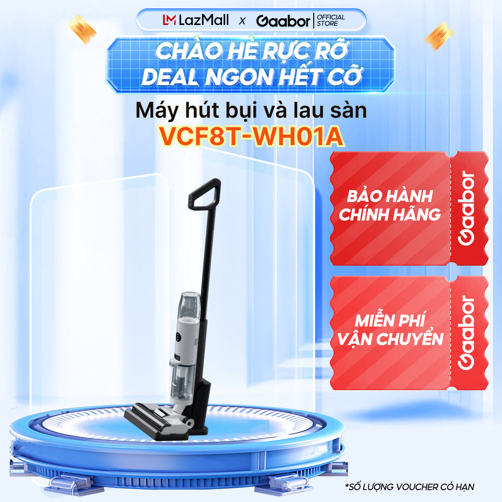 Máy hút bụi lau sàn nhà 2in1 không dây lực hút 9000PA Gaabor VCF8T-WH01A ồn thấp 79 dBA thông minh tự làm sạch - Chính hãng