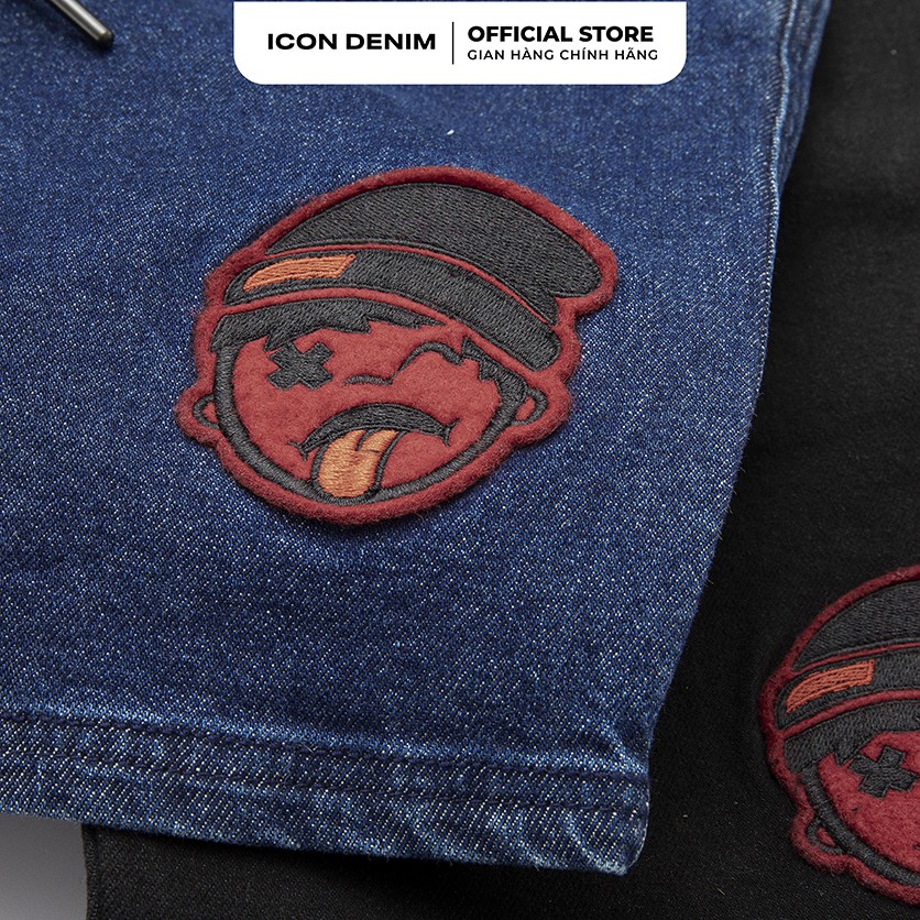 Quần short jean wash icon denim lưng thun phối face sticker