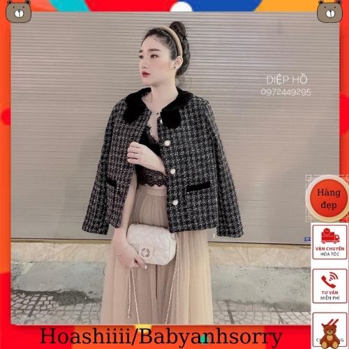 Áo khoác dạ tweed phối bèo cúc ngọc siêu xinh xắn / áo dạ tweed bèo đen