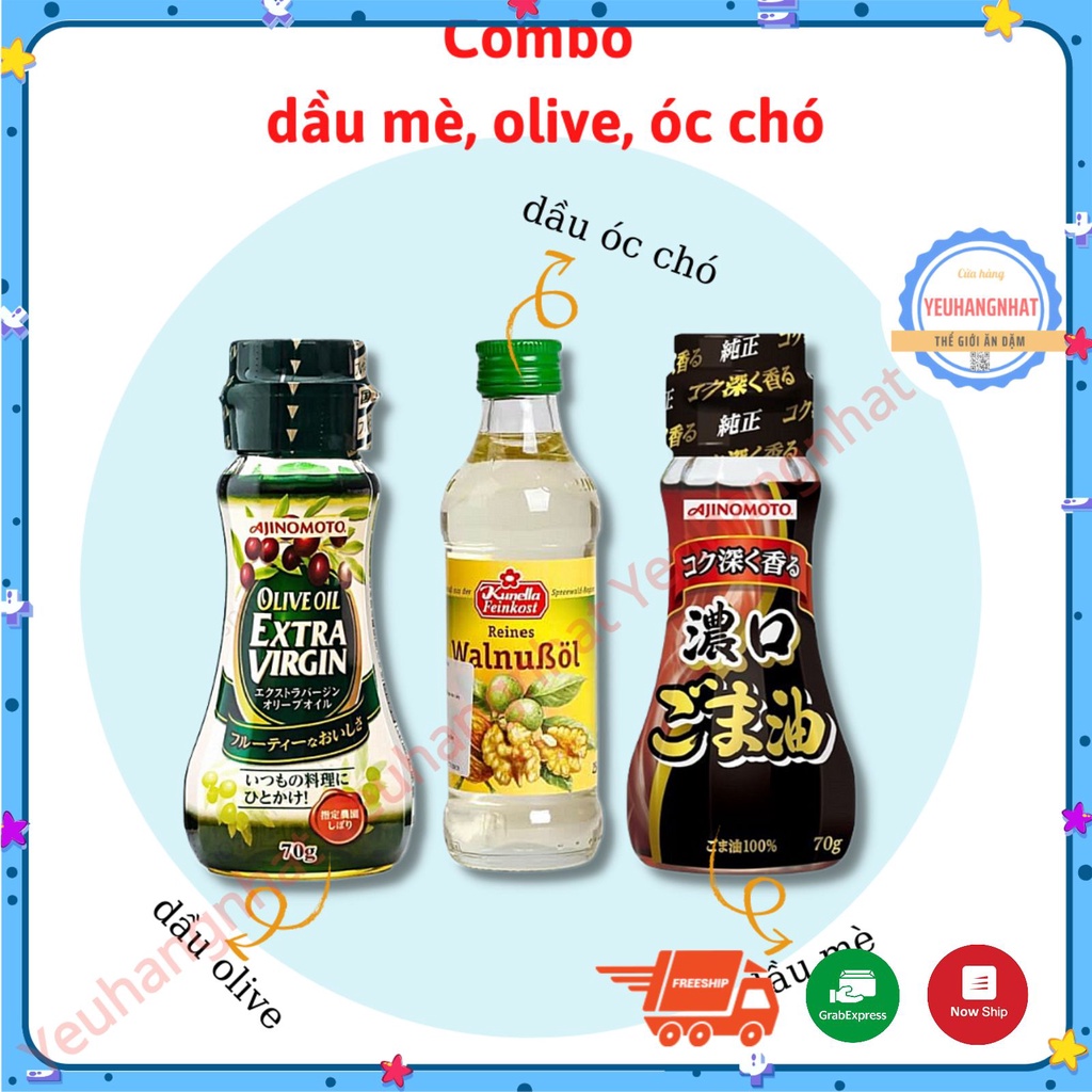 COMBO dầu ăn dặm: dầu óc chó - dầu olive - dầu mè Ajinomoto cho bé ăn dặm