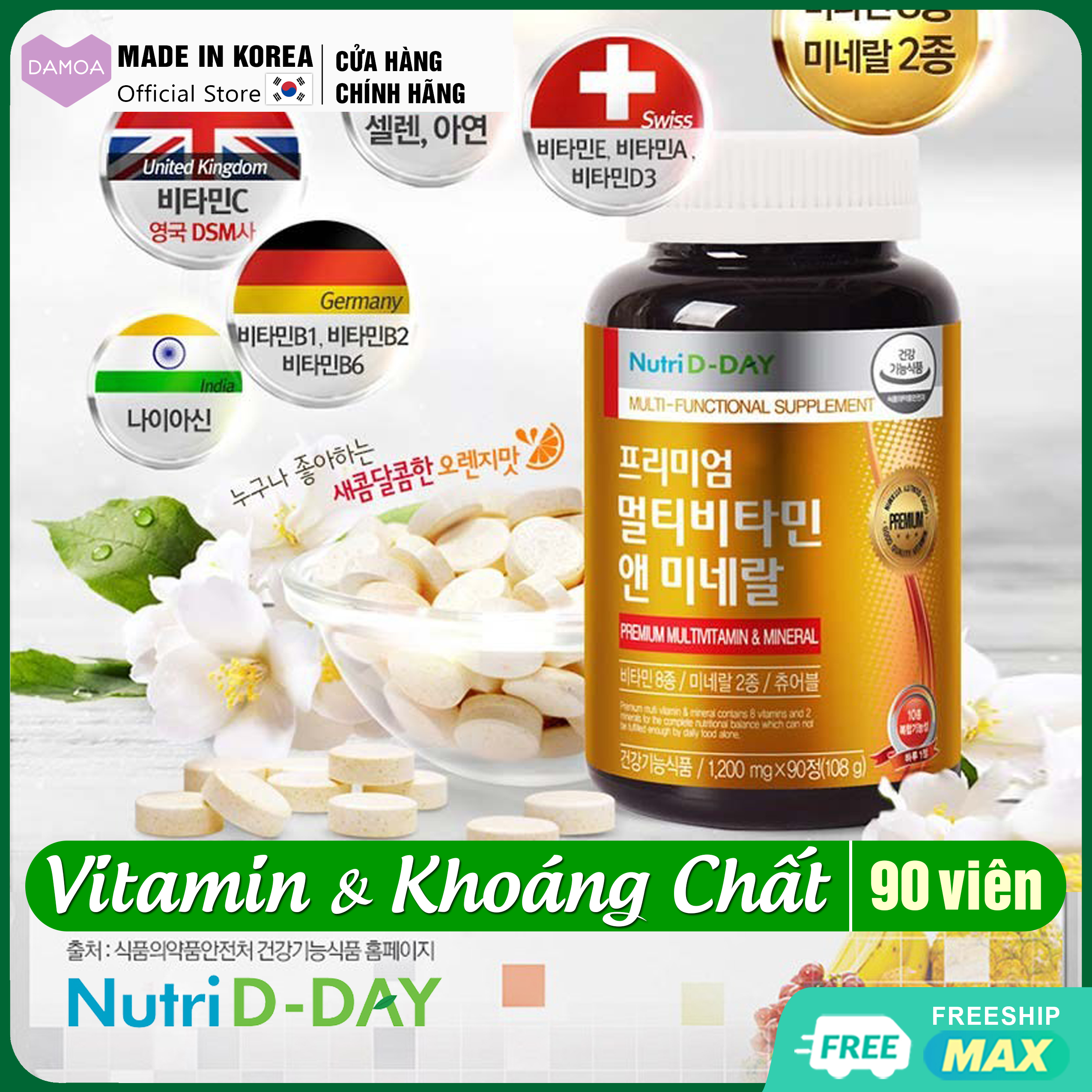 Lọ 90 Viên Tổng hợp 10 loại Vitamin & Khoáng chất Cao cấp Nutri D-Day Premium Multivitamin & Mineral Hàn Quốc (Uống 3 tháng)