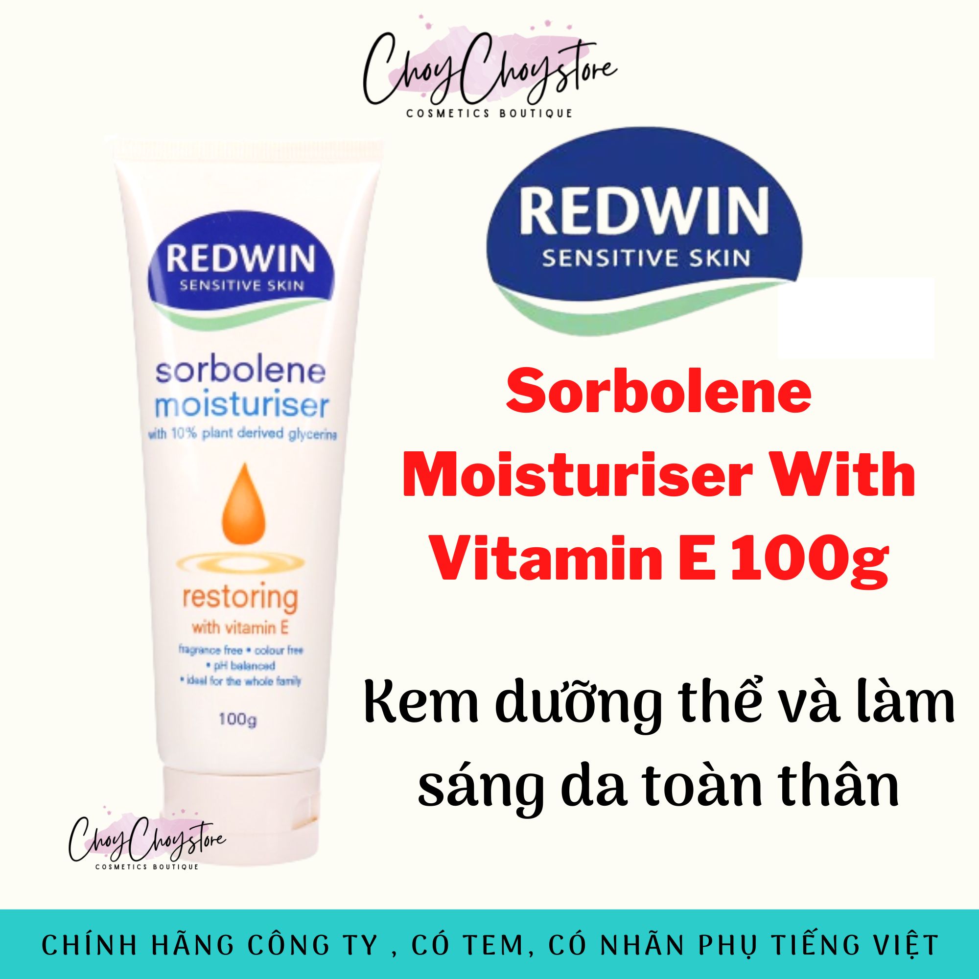 (Tem Cty) Kem Dưỡng Redwin Sorbolene Moisturiser With Vitamin E 100g  Dưỡng Thể Cho Da Khô, Da Kích Ứng, Chàm