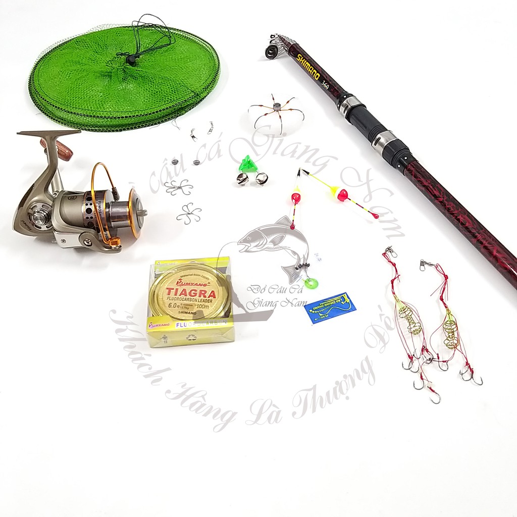 bộ cần câu rút shimano 3m6 đến 4m5 máy LC 7000 kèm trọn bộ phụ kiện giỏ lăng xê lưỡi lục như hình cao cấp