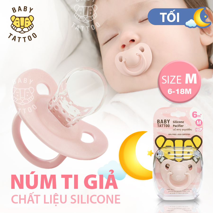 [HCM]BABY TATTOO Ti giả Ti ngậm Silicone (đầu tròn- đầu dẹp) đầu ti thoáng khí cho bé sơ sinh từ 0-18 tháng tuổi