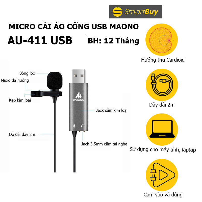 Micro gài áo maono lavalier au-411 usb - hàng chính hãng