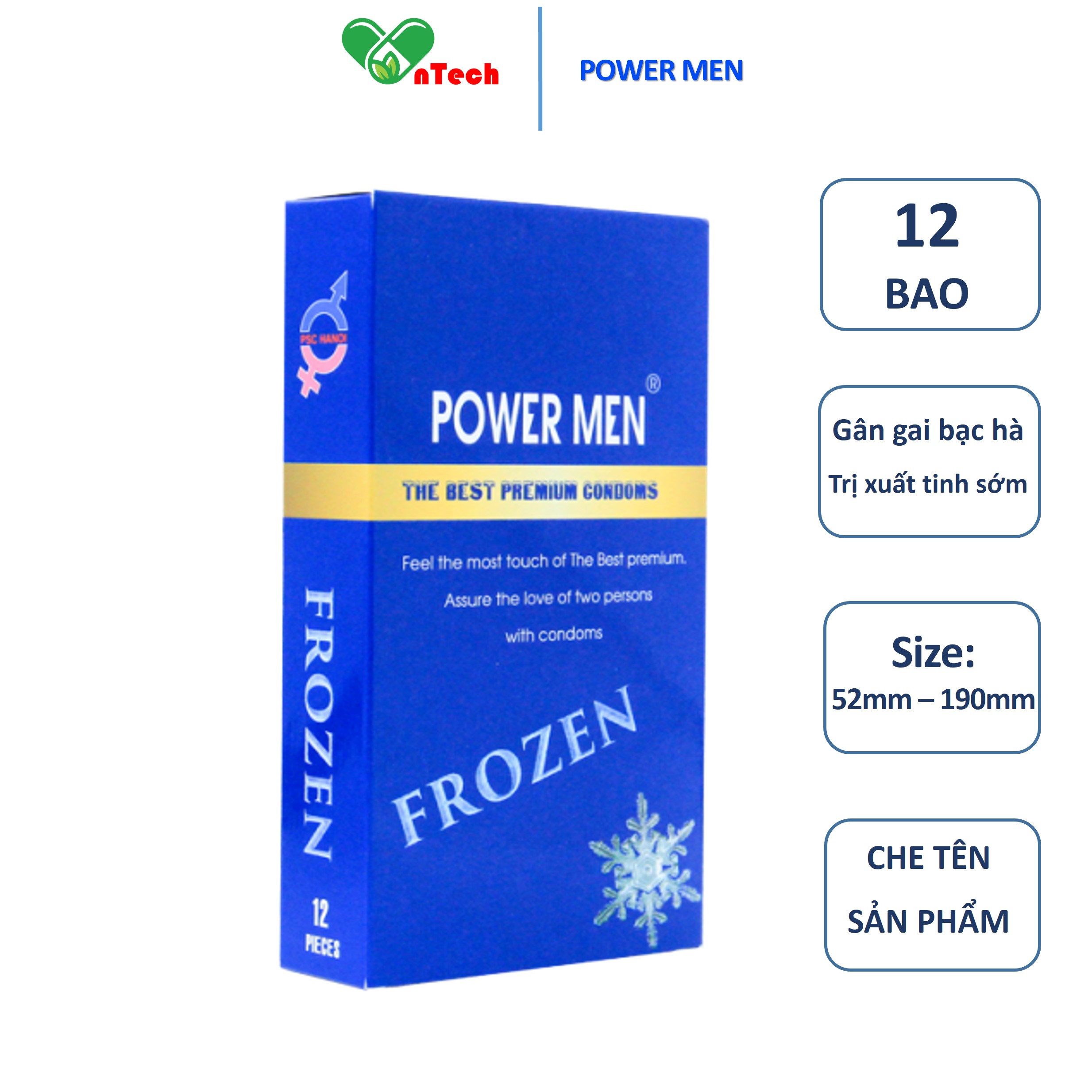 Bao cao su POWER MEN FROZEN gân gai tăng khoái cảm hương bạc hà mát lạnh 9% Benzocain siêu kéo dài thời gian hộp 12 cái