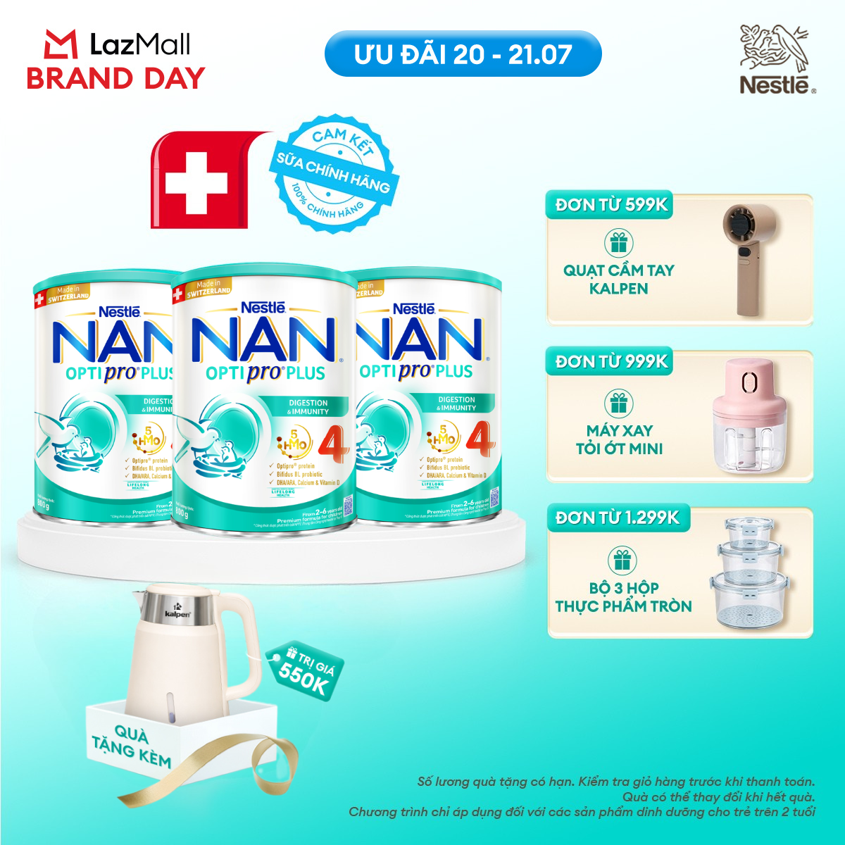 [CHỈ 20-21.07 QT ĐƠN 599K/999K/1299K][Tặng ấm đun siêu tốc kalpen] Combo 3 lon Sữa bột Nestlé NAN OPTIPRO PLUS 4 800g/lon với 5HMO Giúp tiêu hóa tốt + Tăng cường đề kháng