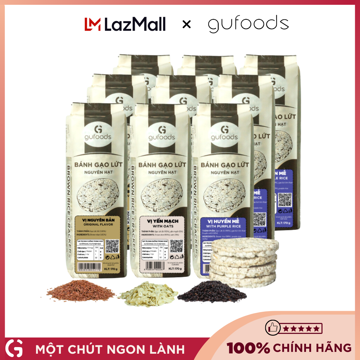 Combo 3 vị bánh gạo lứt ăn kiêng, tập GYM GUfoods (mỗi gói 510g = 54 bánh) - 3 vị Yến mạch, Nguyên bản, Huyền mễ