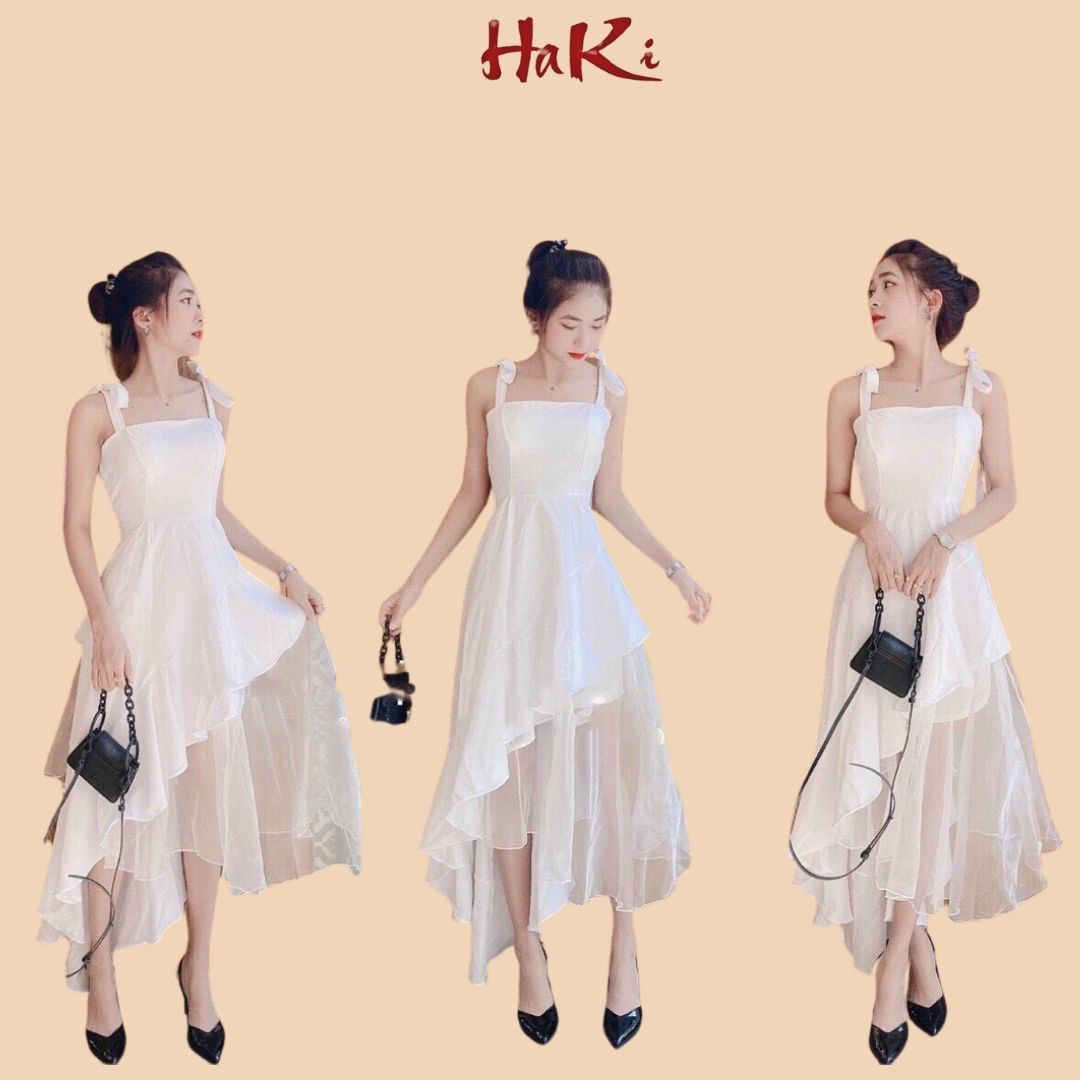 Đầm váy nữ dự tiệc thiết kế dáng xòe lệch tà cột nơ vai xinh đẹp chụp kỉ yếu phong cách thời trang HAKI MSP067