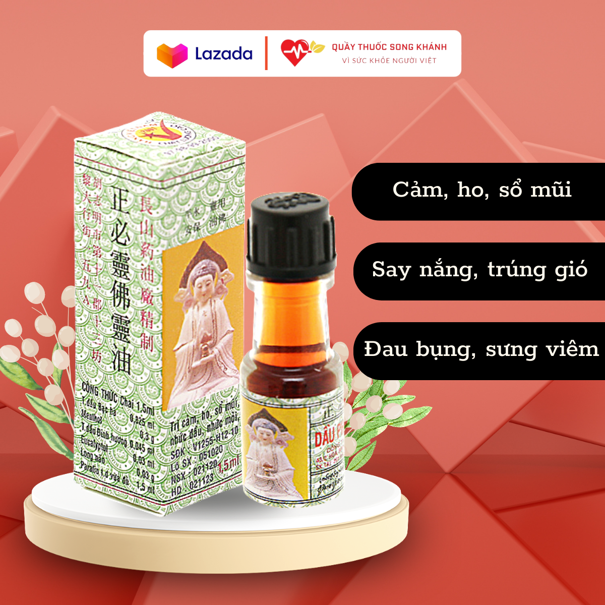 Dầu phật linh Trường Sơn giảm cảm, ho, sổ mũi, nhức đầu, say nắng, trúng gió, say tàu xe, buồn nôn, đau bụng, sưng viêm, nhức mỏi, muỗi chích, kiến cắn, tê thấp tay chân- Lọ 1,5ml Song Khánh Pharmacy