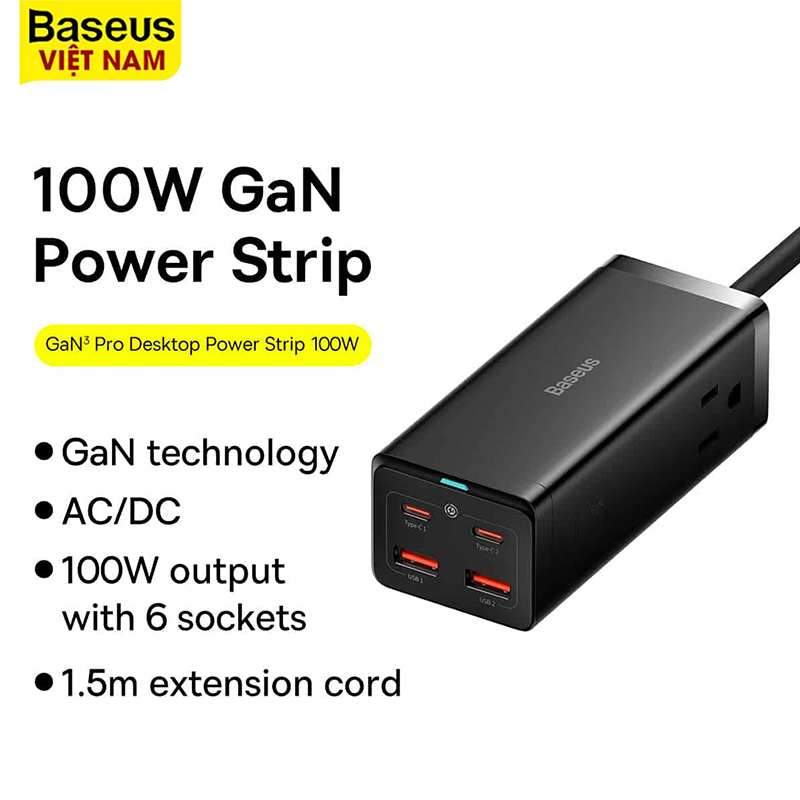 Bộ sạc nhanh baseus gan3 pro 100w 2ac+2u+2c chân cn dùng cho macbook, macbook pro, iphone 13, iphone 14...