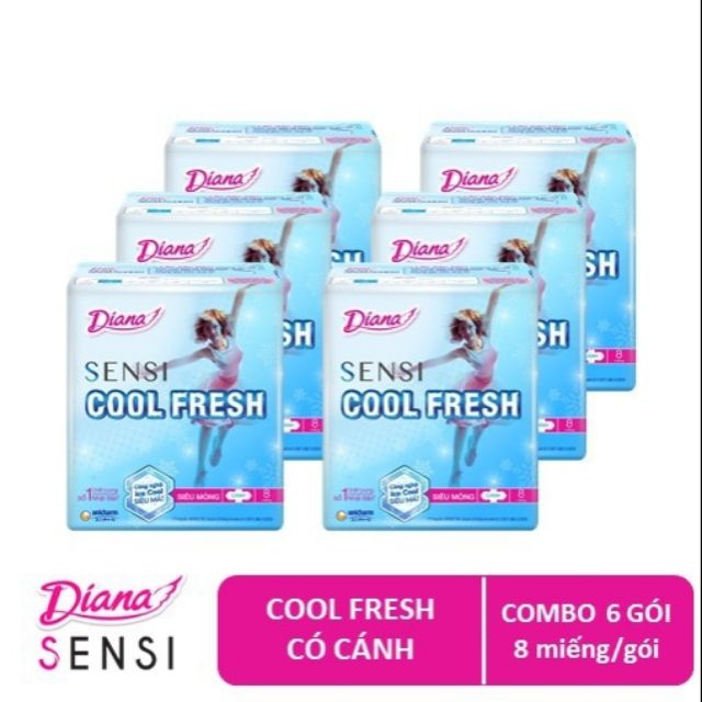 Com bo 6 gói băng vệ sinh diana sensi cool siêu mỏng cánh 23cm 8 miếng