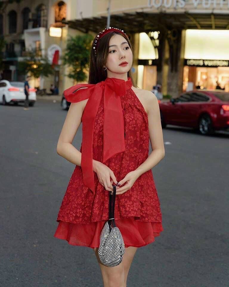 Set bộ gấm sát nách nơ cổ dễ thương xinh xắn kèm mút ngực