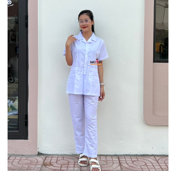 Bộ quần áo y tế blue bác sỹ y tá - vải lon nhật - tay ngắn– màu trắng