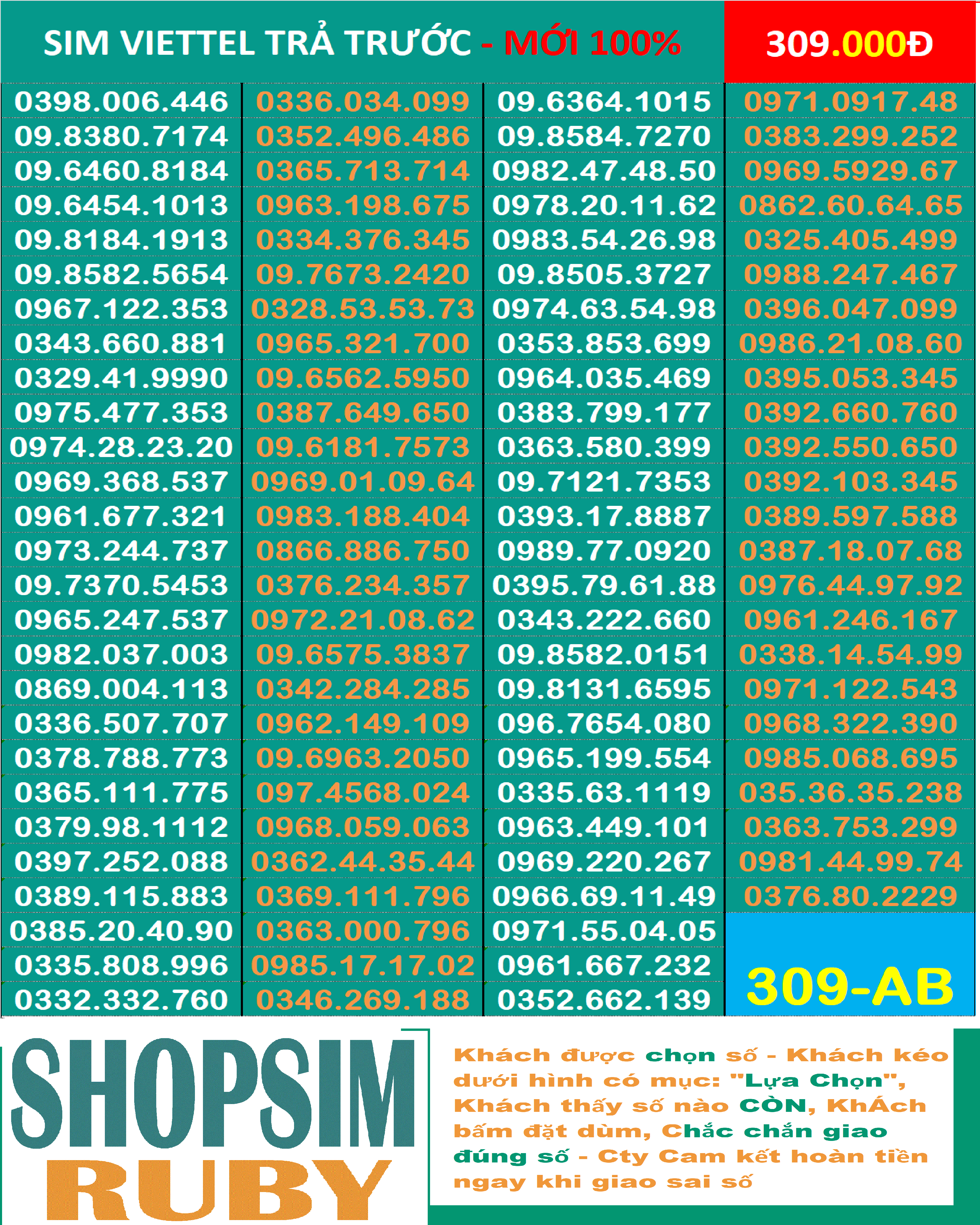 Sim đẹp 09 Viettel Trả trước chính hãng -Chọn số - Nghe gọi, Nhắn Tin, 4G , Sim mới 100%, Chưa Kích hoạt và chưa làm bất cứ dịch vụ nào, Sim gói cước Tomato và kèm theo nhiều gói 4G hấp dẫn đồng giá 309.000đ - Shopsim Ruby