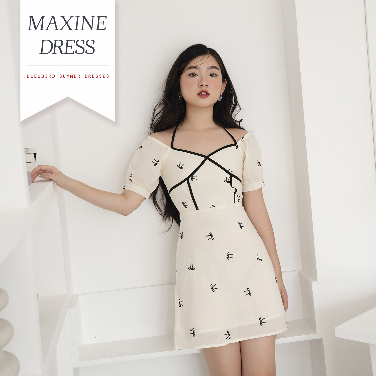 Bleubird váy thô thêu nơ dáng a cổ yếm maxine dress