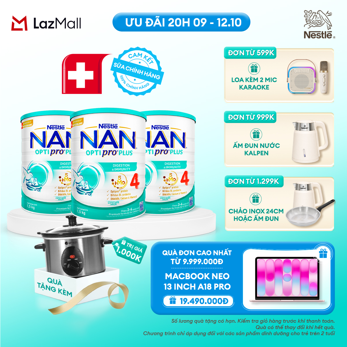 [CHỈ 20h 9-12.10 QT ĐƠN 599K/999K/1299K] [Tặng Nồi hầm dinh dưỡng] Bộ 3 lon Sữa bột Nestlé NAN OPTIPRO PLUS 4 với 5HMO xuất xứ Thụy Sĩ - Hộp 1500g/lon với 5HMO Giúp tiêu hóa tốt + Tăng cường đề kháng