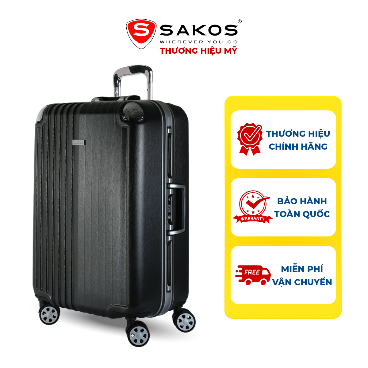 Vali khung nhôm cao cấp sakos sapphire - chất liệu pc dẻo dai, khung nhôm chắc chắn, nội thất sang trọng