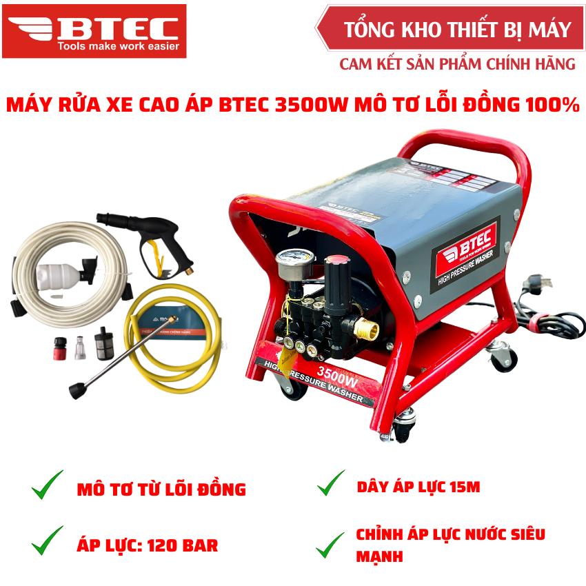 Máy Rửa Xe Chỉnh Áp BTEC công suất 3500W lực nước siêu mạnh dây áp lực 15m bảo hành chính hãng 12 tháng