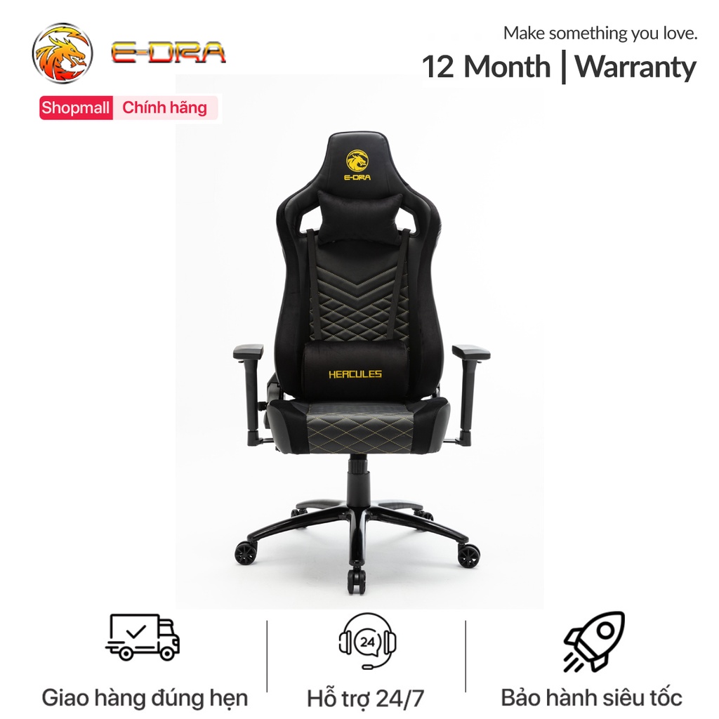Ghế chơi game cao cấp e-dra hercules egc203 black v2 - bản 2021 - chân thép - chất liệu da pu - gối foam cao cấp