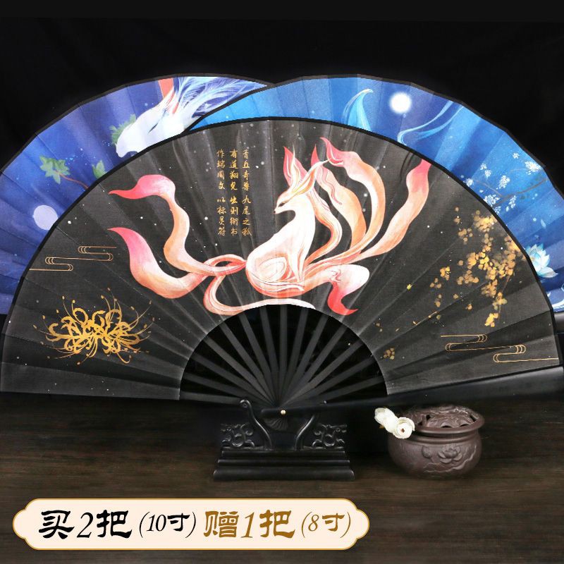 Quạt cổ trang quạt cán xếp lụa in hai mặt phong cảnh và chữ