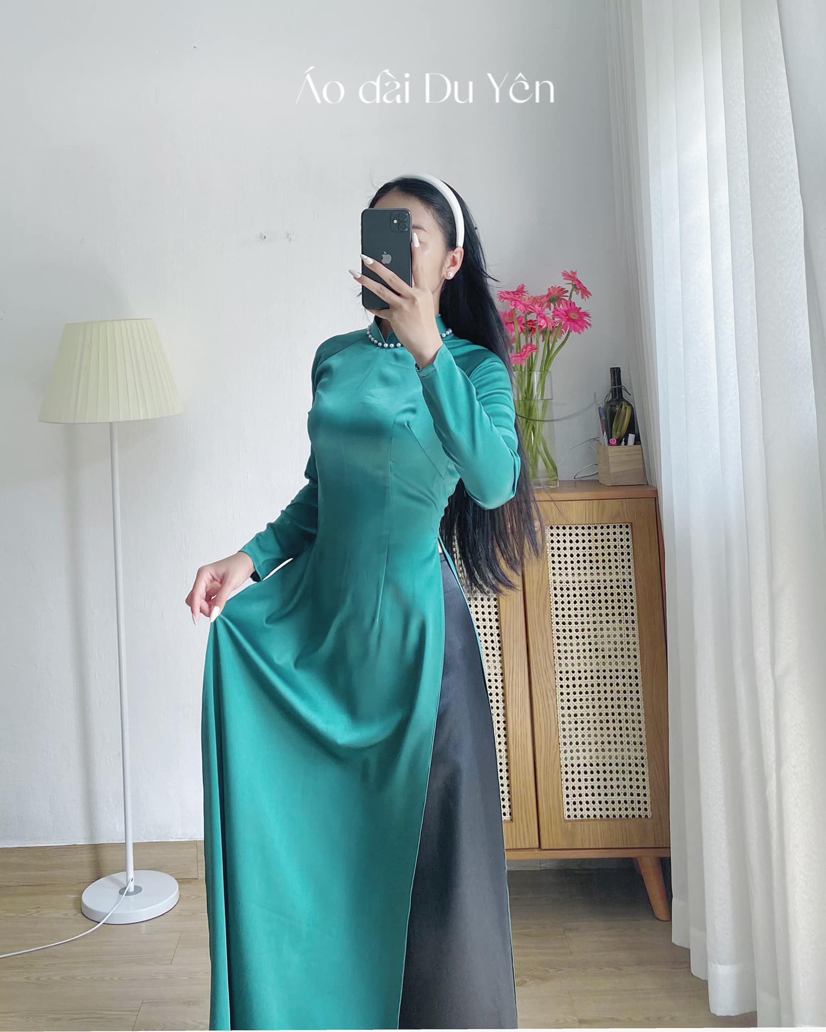 Áo dài truyền thống lụa tây thi, áo dài nhã xanh cổ vịt