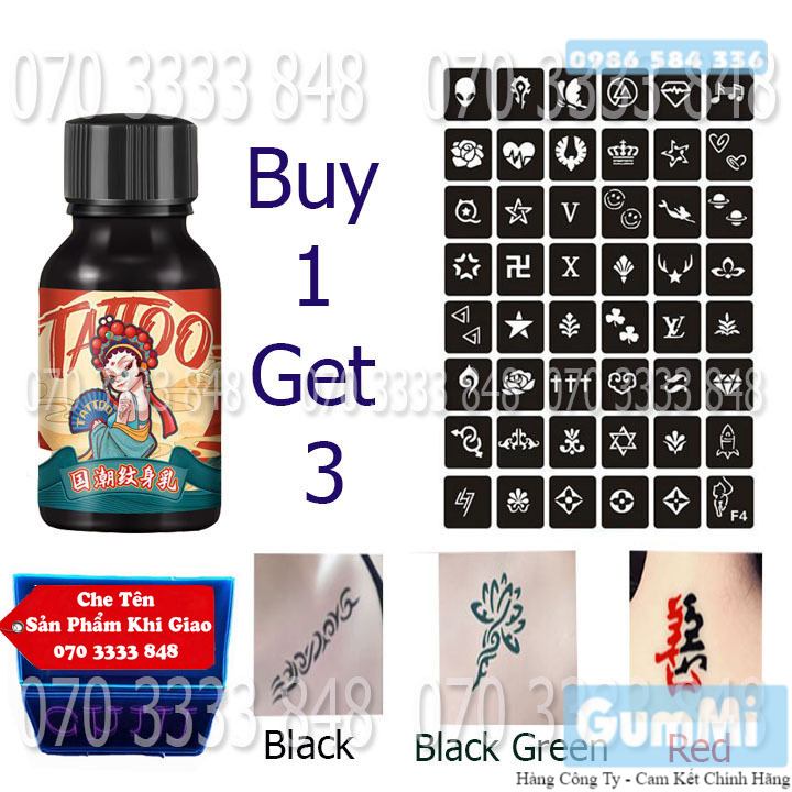 Mực Xăm Tạm Thời 7-15day Lên Màu Ngay [ Tặng 3 Khuôn + Sticker ] [Màu Đen - Đỏ - Xanh]No.3