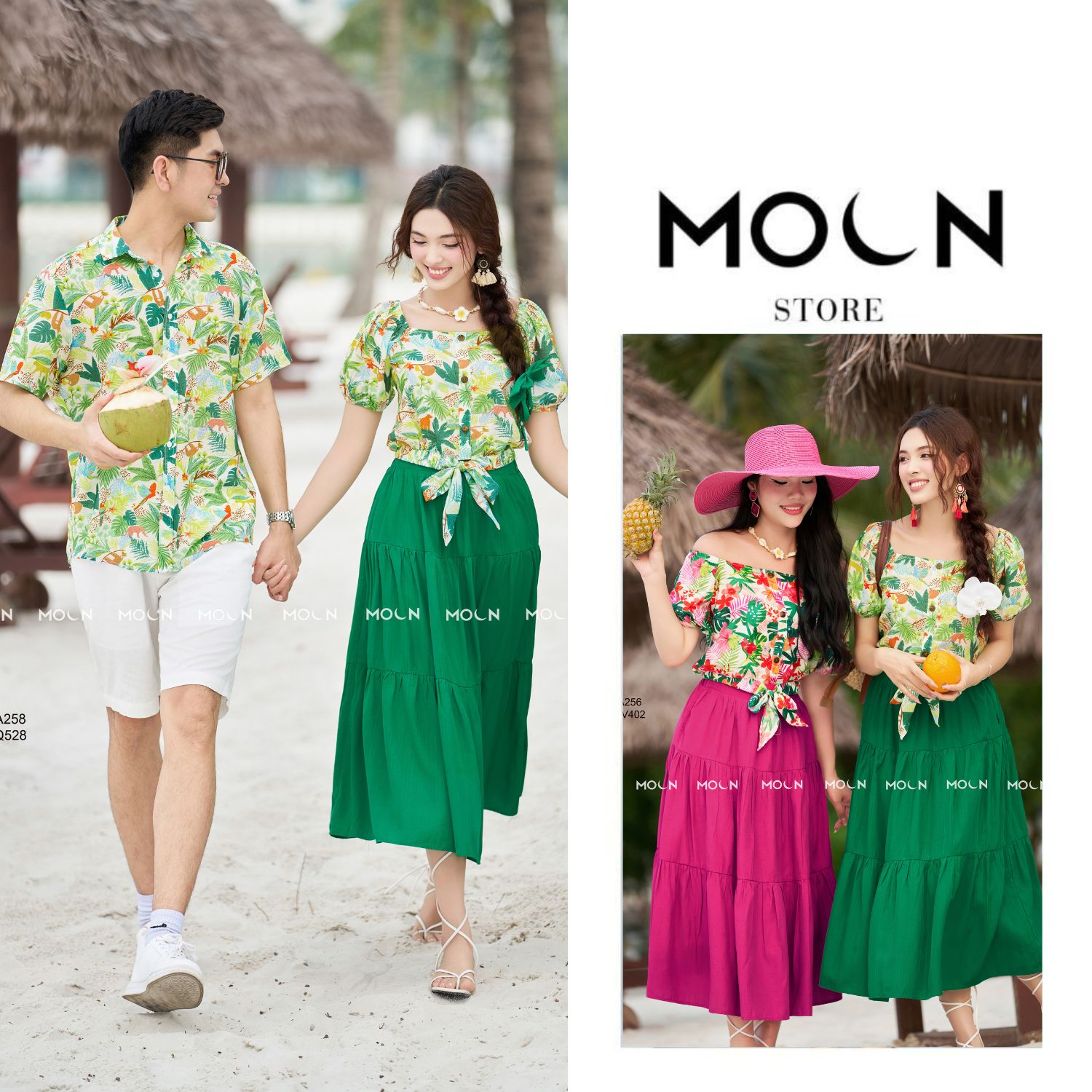 Váy hoa đi biển nữ mix quần áo sơ mi ngắn tay nam, áo trễ vai thắt nơ MA256 chất đũi họa tiết chân váy MCV402 chất đũi