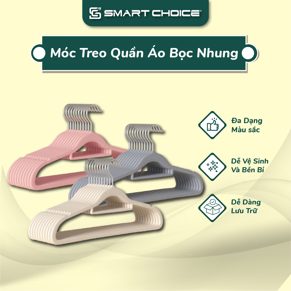 Móc treo quần áo bọc nhung smartchoice 3 màu trắng, hồng, xám cao cấp