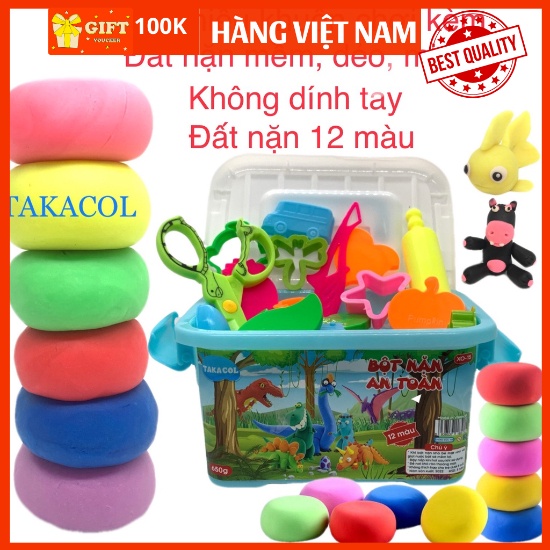 Đất nặn an toàn cho bé TAKACOL 12 màu + 14 khuôn và dụng cụ chơi kèm, đất nặn mềm dẻo, không dính tay, rất an toàn
