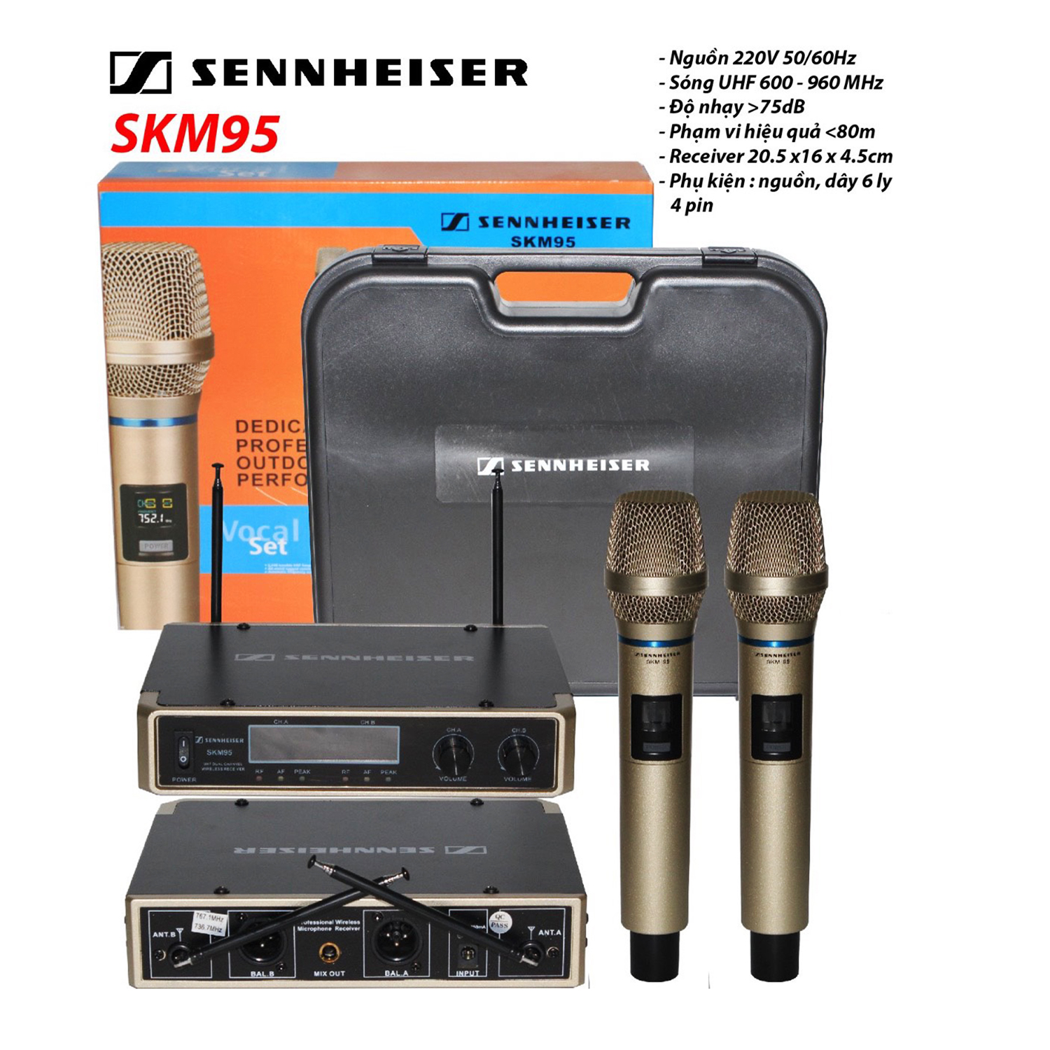 [ Mẫu Mới ] Bộ 2 micro không dây karaoke gia đình, sân khấu hội trường SENNHEISER SKM-95 tần số UHF cao cấp