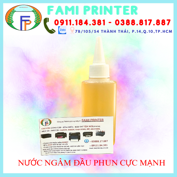Nước dung dịch ngâm rửa đầu phun. Có hướng dẫn dùng. Tẩy mạnh nhanh hết tắc nghẽn đầu phun dùng cho các loại máy in phun. Là nước hóa chất ngâm rửa đầu phun