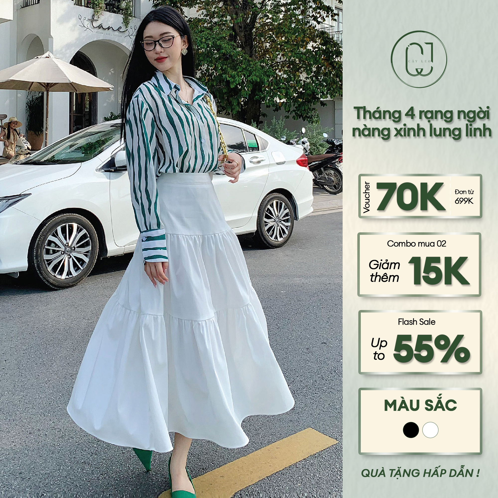  Chân Váy Nhún Nữ Dài Trắng Xòe Ba Tầng Cây Leo Design Thướt Tha - Min632 