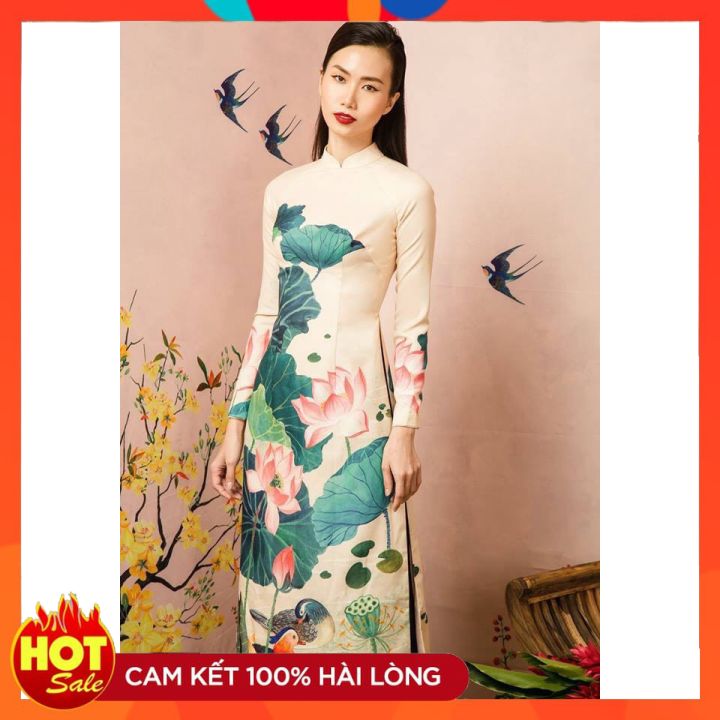 Áo Dài Hoa Lụa Truyền Thống Họa Tiết Hoa Cực Đẹp 2 Tà