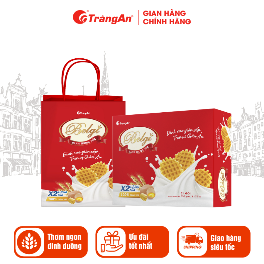 Bánh Belgi trứng sữa hộp 278G, thơm ngon dinh dưỡng, bữa ăn tiện lợi, đóng hộp lịch sự, phù hợp làm quà biếu tặng, sản phẩm chính hãng Tràng An