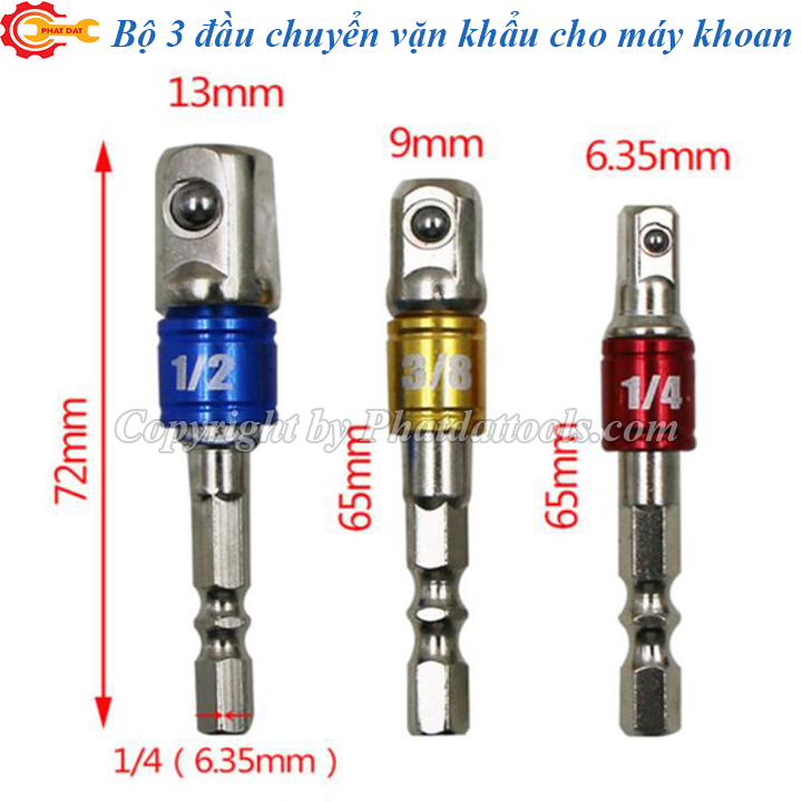 Bộ 3 đầu chuyển vặn khẩu 1/2-3/8-1/4 cho máy khoan