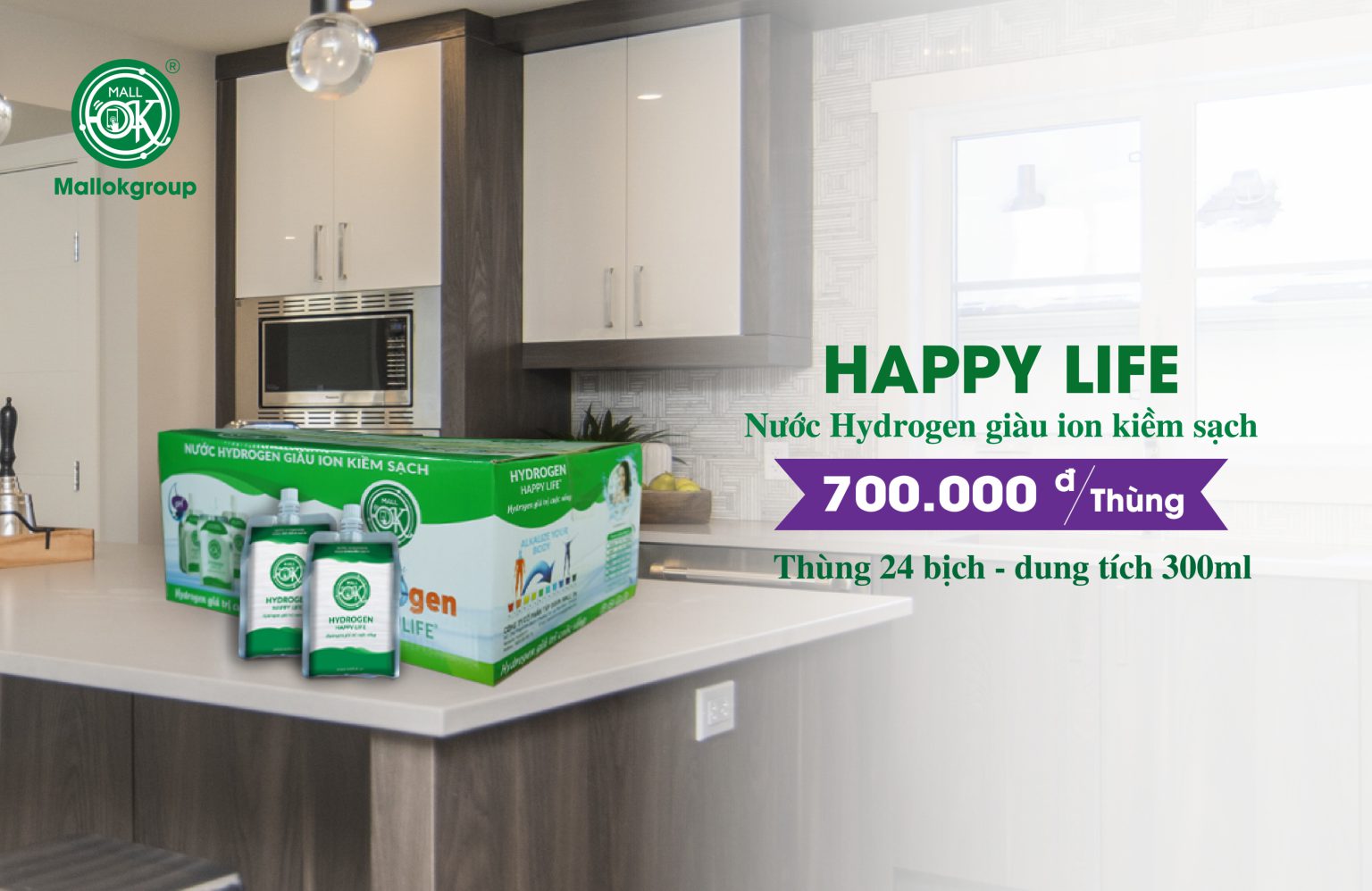 Nước Bịch Happy Life Hydrogen Giàu Ion Kiềm Sạch Tiện Lợi (1 Thùng/ 24 Bịch, Bịch 300ml)