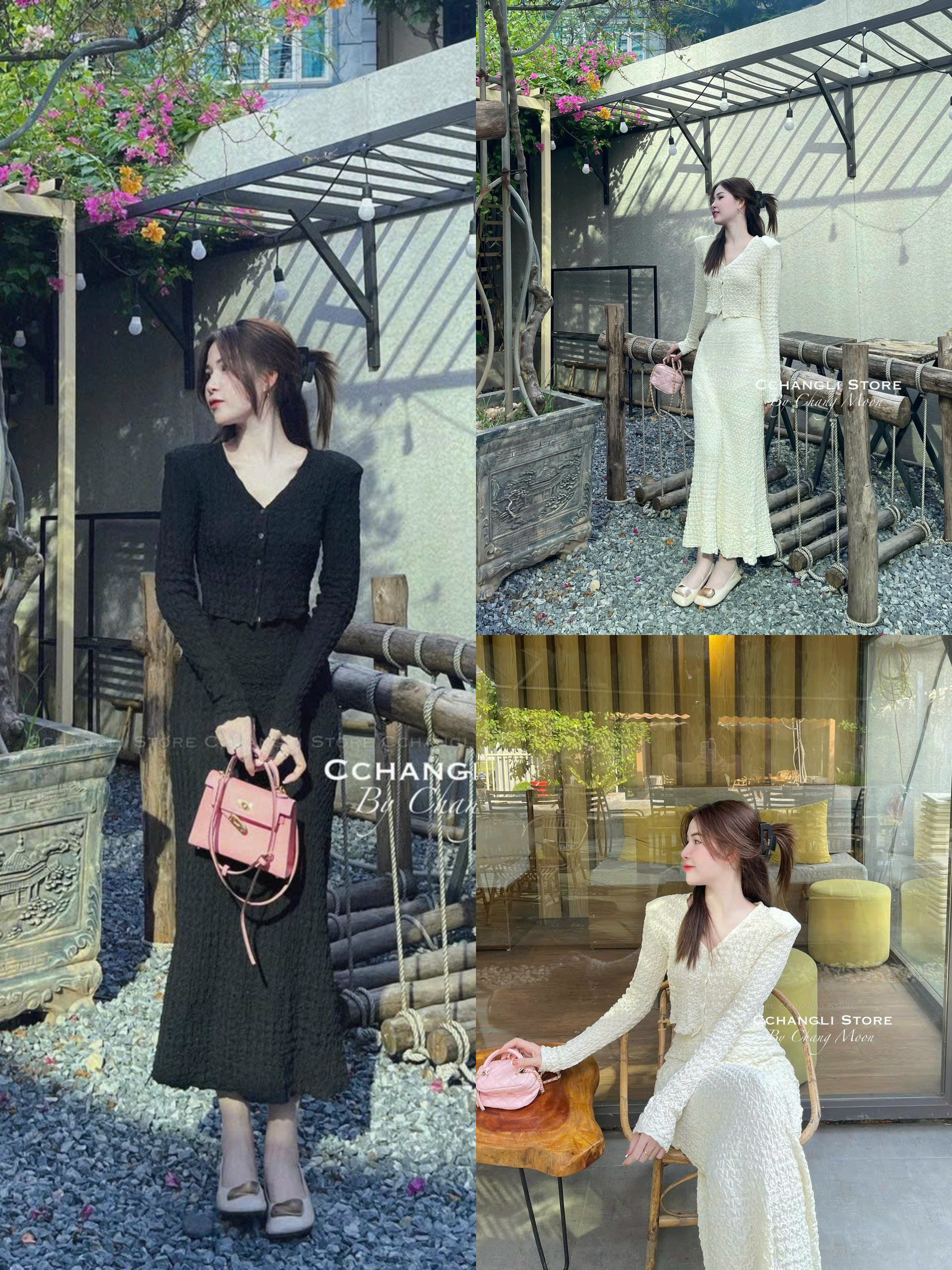 Sét váy thời trang nữ mặc đi chơi chất ren y hình cao cấp cổ v dài nút tay dài mix chân váy dài đuôi cá 2 màu đen và kem QC