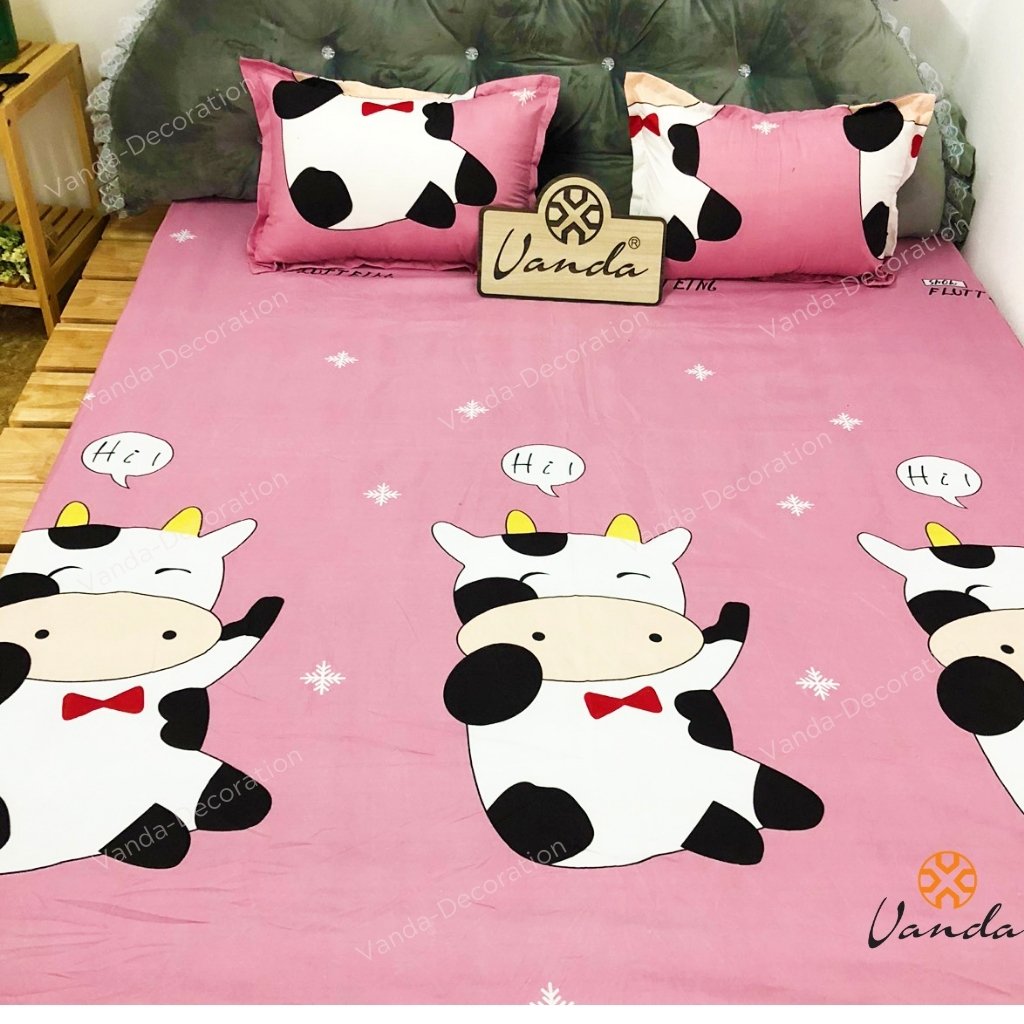 Bộ chăn hè Cotton Poly VN ga gối , drap giường họa tiết bò sữa hồng