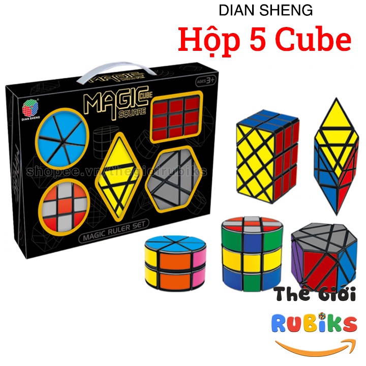 Hộp 5 rubik biến thể diansheng 2x2 cylinder + 3x3 cylinder + magic blade + antiquity + magic shield cube viền đen
