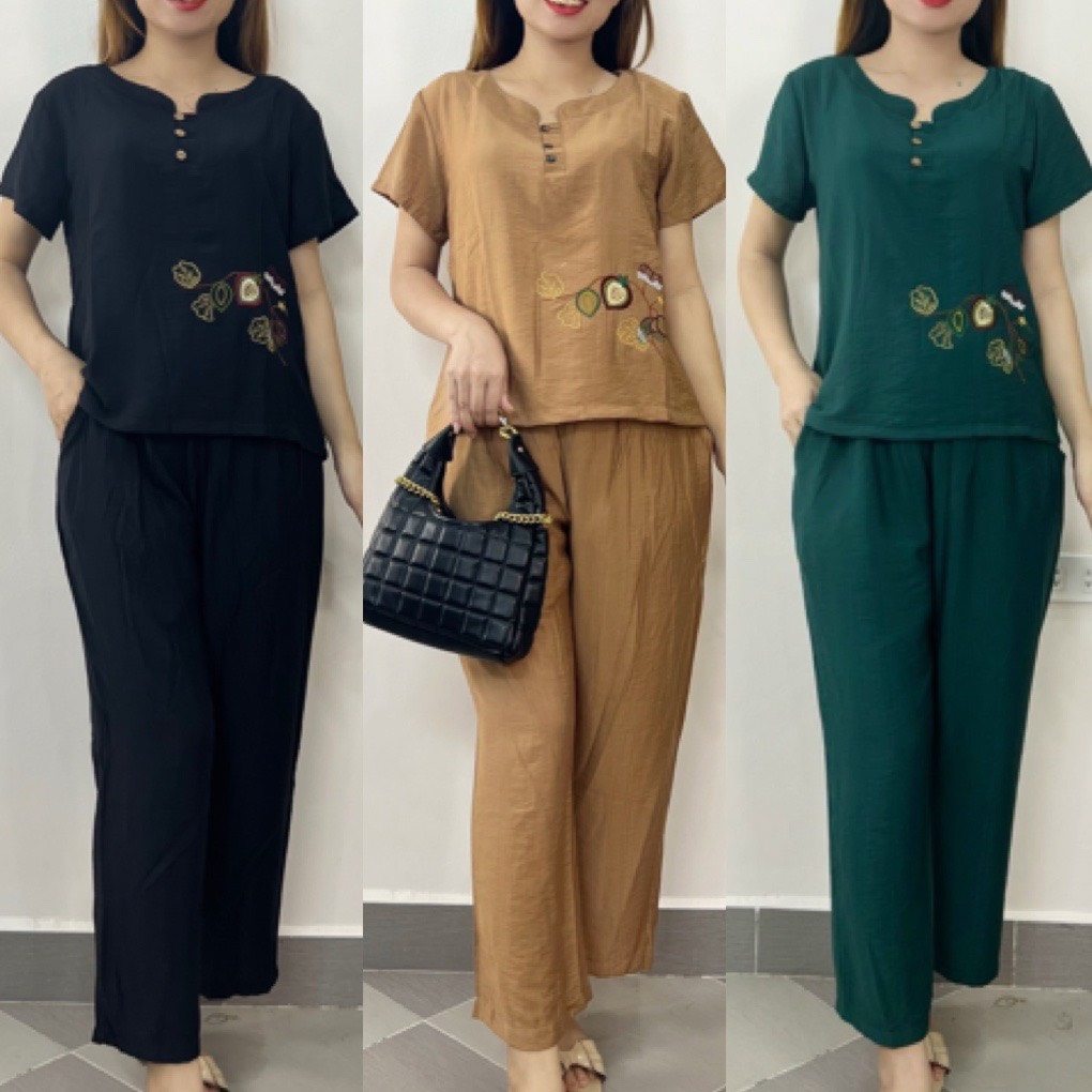 Bộ Đũi xước tay cộc quần dài cho Mẹ hoa dây nhỏ cho Mẹ cho Bà