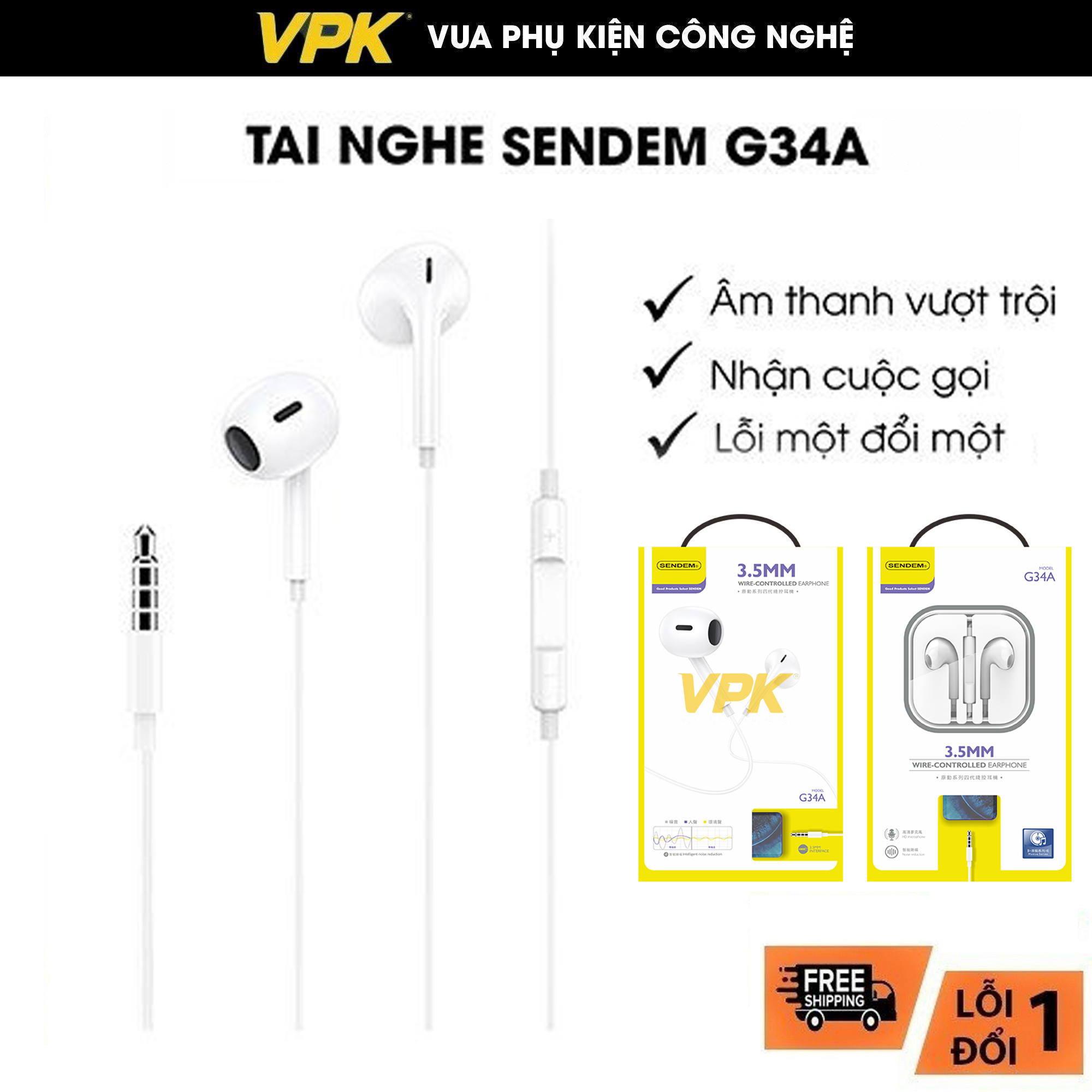 Tai nghe sendem g34a chân 3.5mm phù hợp cho điện thoại android, máy tính bảng, laptop, có mic đàm thoại g34a
