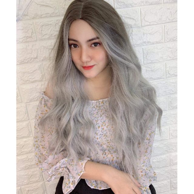 Tóc giả cả đầu 2 mái xoăn trục omber xám