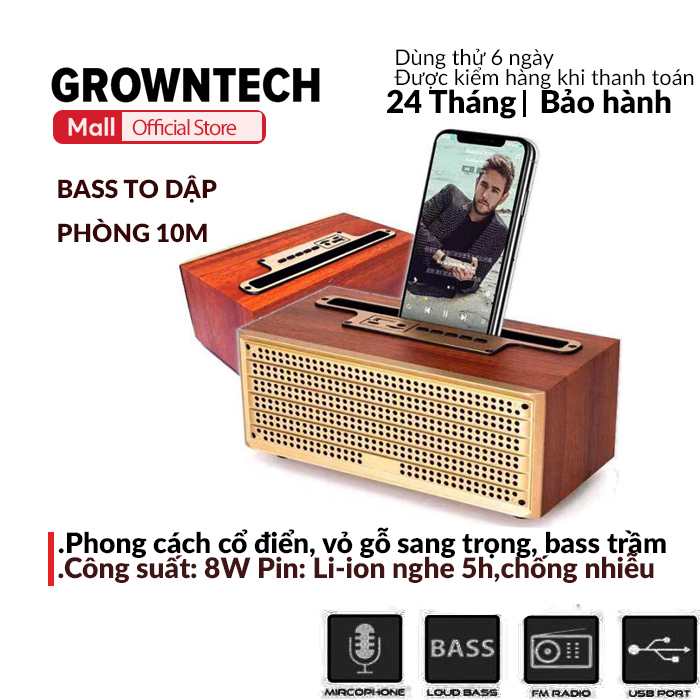 Loa bluetooth không dây 5H Bass mạnh công suất lớn siêu trầm thiết kế vỏ gỗ dạng thanh để bàn vintage sang trọng cổ điển có giá đỡ điện thoại