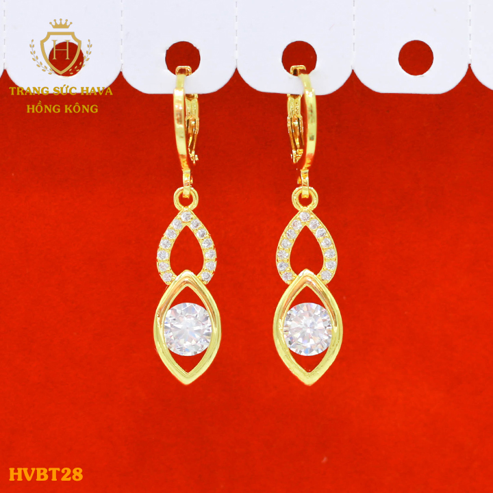 Khuyên Tai, Hoa Tai, Bông Tai Mặt Đính Đá (Màu Trắng) Dáng Dài, Titan Xi Mạ Vàng Non 10k, 18k, 24k Thật Cao Cấp (Không Bị Đen) - Trang Sức Hava Hong Kong