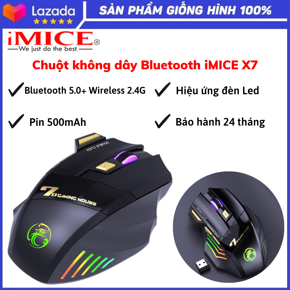 Chuột không dây Bluetooth iMICE X7, Kết nối bluetooth 5.0, Pin 500mAh tự sạc pin cao cấp, Độ nhạy cao, Chuột cao cấp, Chuột không dây chính hãng, Chuột chơi game, Bảo hành 24 tháng