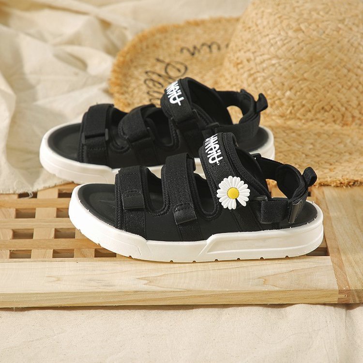 2 màu sandal nữ thời trang ulzzang quai vải chữ ký hoa cúc 2 màu đen kem 2